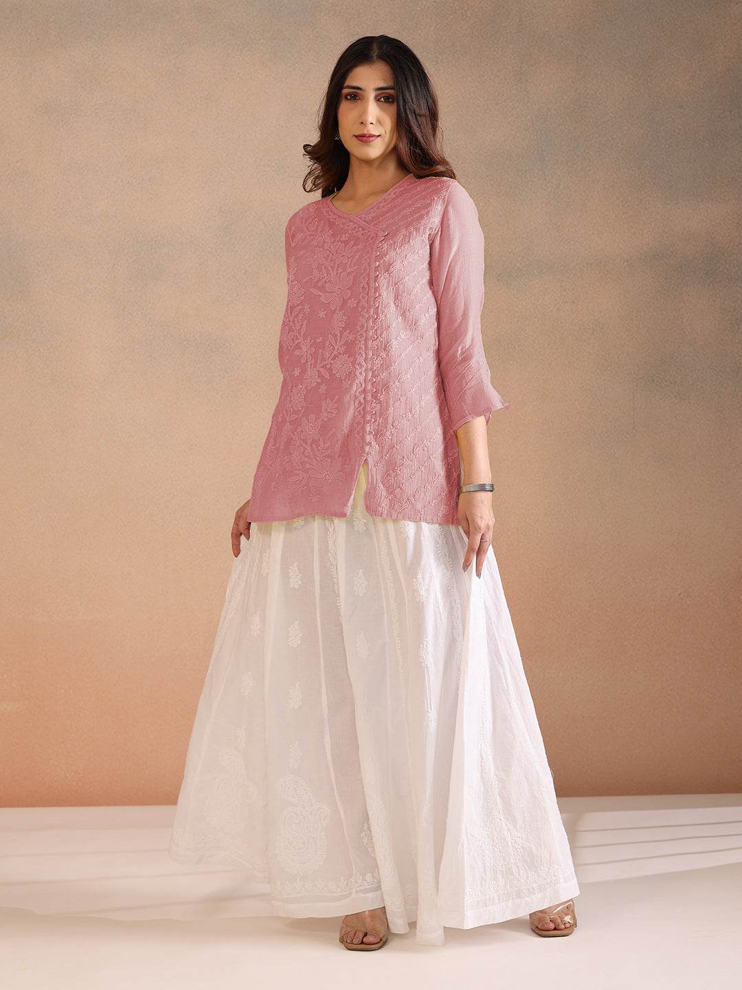 ZARQA MUL CHANDERI TOP - KRI CHIKANKARI